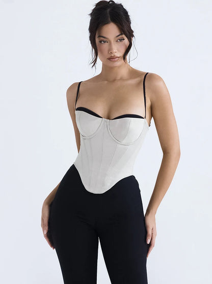 Suninheart Bustier en satin épais corset haut court avec coussinets de poitrine bretelles spaghetti haut moulant blanc hauts d'été pour femmes avec arêtes de poisson