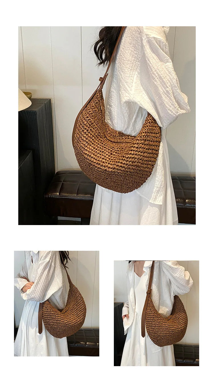 Casual Hobos Straw Women Shoulder Bags Handmade Weave Crossbody Bags Vintage Simple Summer Beach Bag Large Capacity Tote Purses