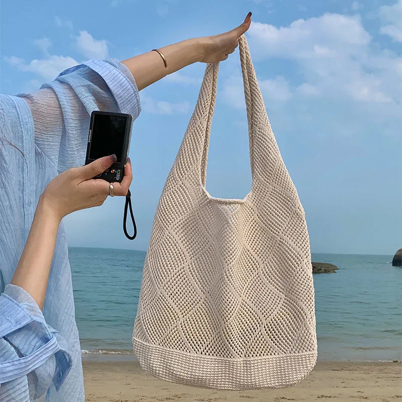 Bolsos de hombro de punto hueco informales para mujer, bolso de mano de gran capacidad, bolso de playa sencillo de verano, bolsos grandes para compras para vacaciones 2024