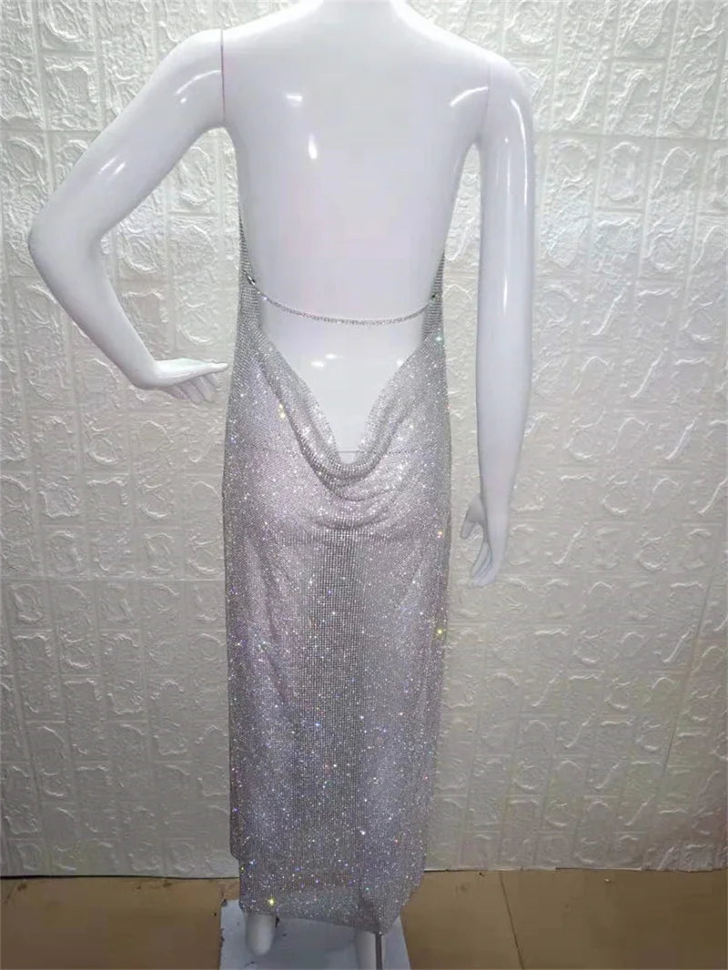 Robe de soirée longue et élégante en cristal pailleté pour femme, robe de soirée sexy dos nu, licou, scintillante, fendue haute