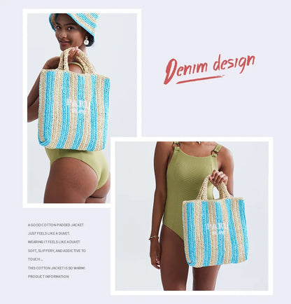 Casual Striped Straw Tote Bag Designer Letters Woven Women Handbags Handmade Summer Beach Bag Big Bali Travel Shopper Purse 2024