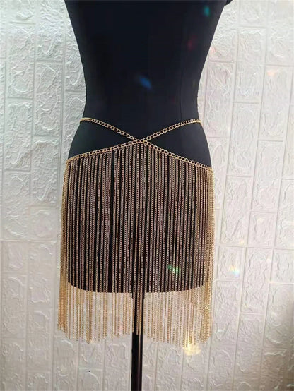 Faldas sexis Y2K de verano para mujer, con lentejuelas de metal en la parte inferior, para festivales, rave, minifalda con borlas de diamantes de imitación brillantes, cadena en la cintura, ropa para discoteca