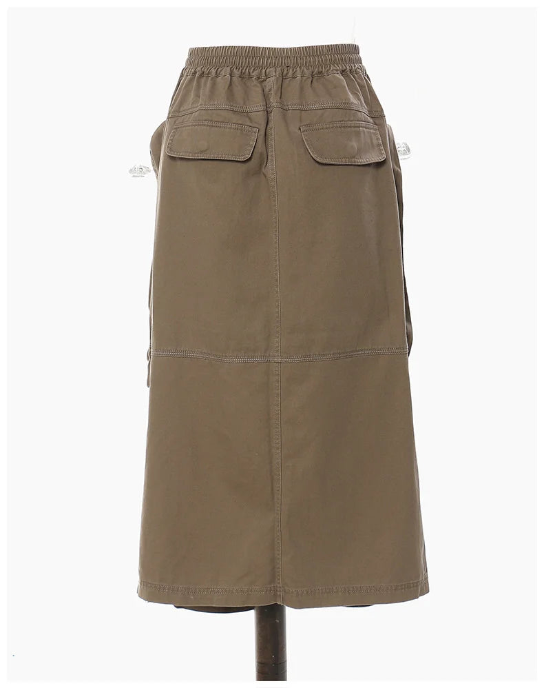 DEAT Fashion Women's Skirt New Elastic High Waist Zipper Big Pockets Loose Straight Brown Mid-calf Skirts Autumn 2024 17A2634