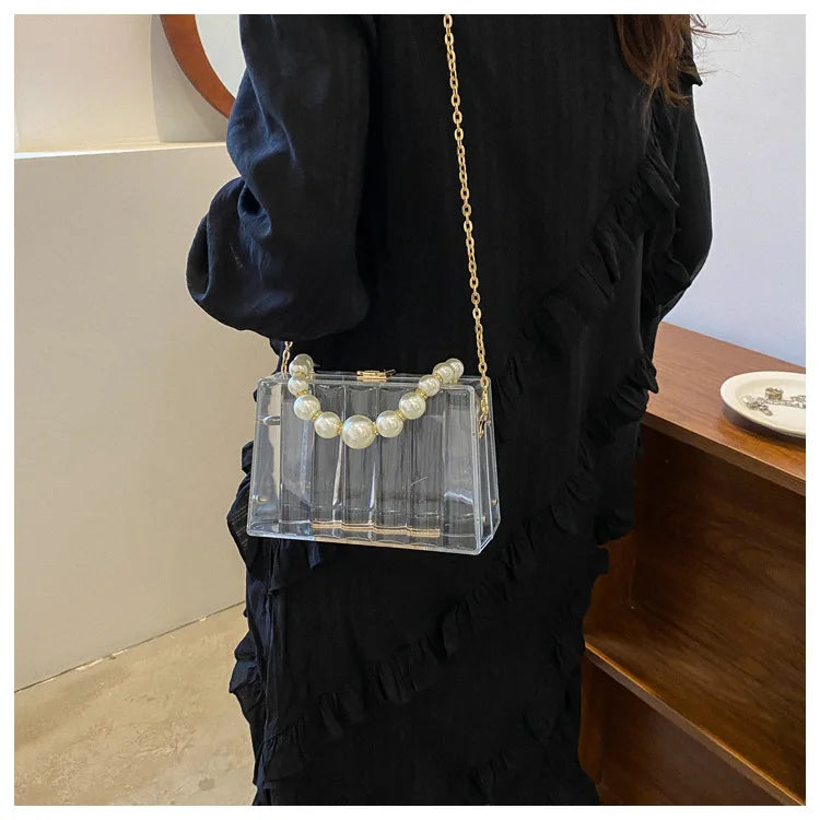 Bolso de mano transparente de acrílico para mujer, bolso cruzado transparente con correa de cadena de perlas extraíble