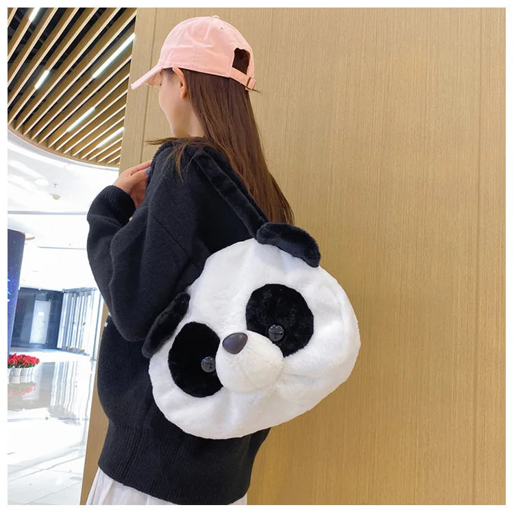 Bolsos de hombro de peluche para adolescentes, diseño kawaii, con forma de cabeza de panda, elegantes y suaves, para compras, portátiles