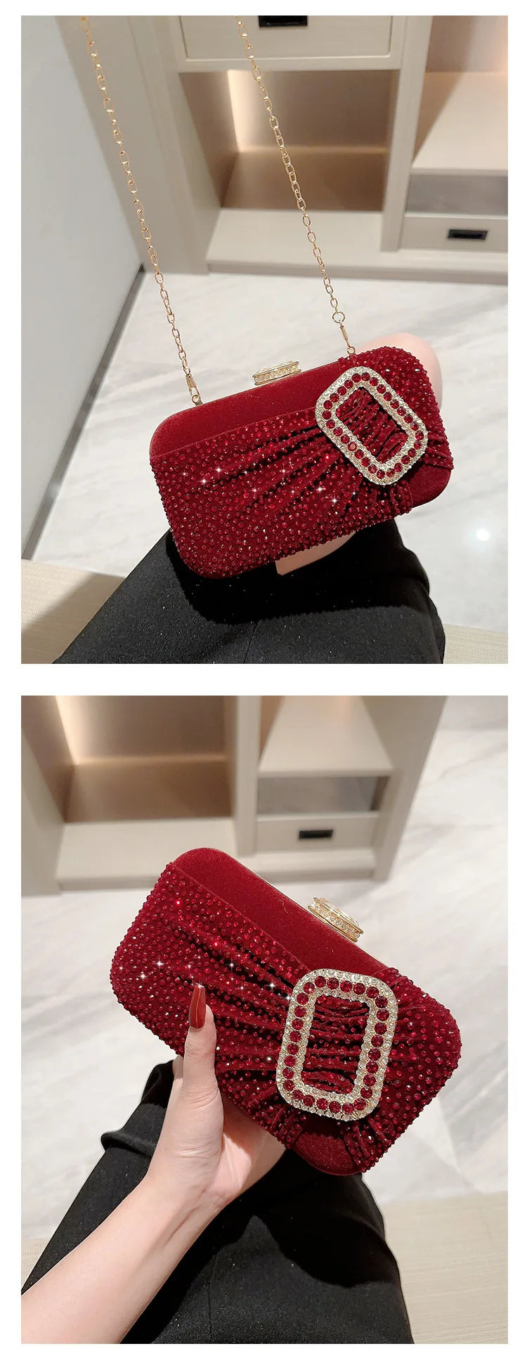 Bolsos de noche con diamantes de imitación de color rojo vino para mujer, bolsos de mano de tela de terciopelo a la moda, bolsos de mano para dama, bolsos para bodas y fiestas