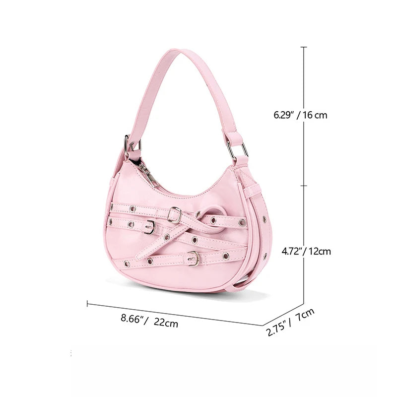 Fashion Belts Deco Halfmoon Women Shoulder Bags Punk Pink Color Handbags  Pu Leather Y2K Crossbody Bag Small Female Purses 2024