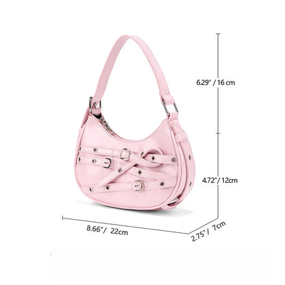 Fashion Belts Deco Halfmoon Women Shoulder Bags Punk Pink Color Handbags  Pu Leather Y2K Crossbody Bag Small Female Purses 2024