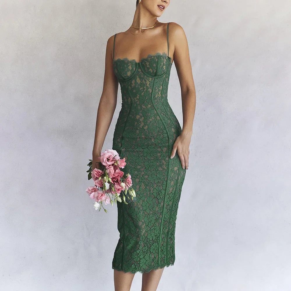 Suninheart Summer Midi Green Dress Elegant Spaghetti Strap Wedding Guest Party Dresses Sexy Birthday Dresses for Women 2024