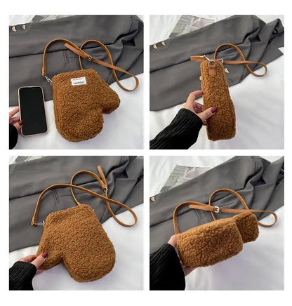 Bolso de hombro pequeño con forma de guante de moda, bolso de mano de felpa para mujer, bolso de diseñador de marca, lindo bolso cruzado para mujer, monedero, novedad de 2024