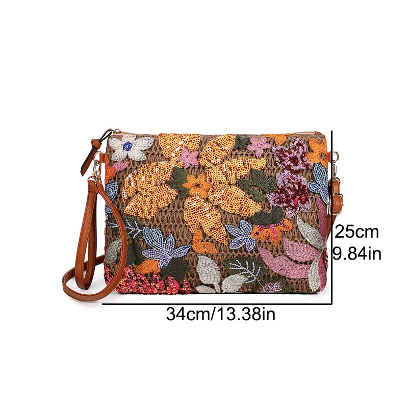 Fashion Embroidered Sequins Clutch Bag for Women Flower Straw Shoulder Crossbody Bags Summer Party Bag Vacation Big Purses 2024