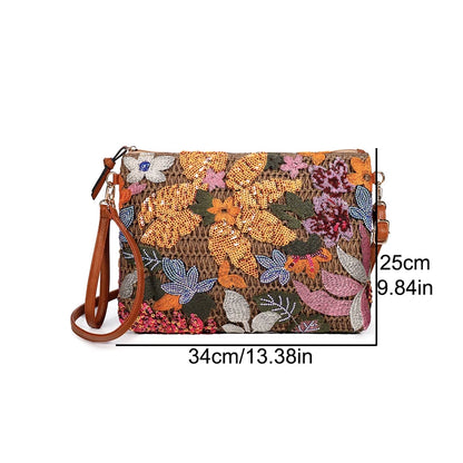 Fashion Embroidered Sequins Clutch Bag for Women Flower Straw Shoulder Crossbody Bags Summer Party Bag Vacation Big Purses 2024