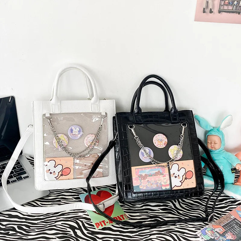 Kawaii Tote Bag Women New 2023 Japanese JK Bag PU Leather Chain Itabag Transparent Crossbody Bags y2k Handbags Crossbody Bags