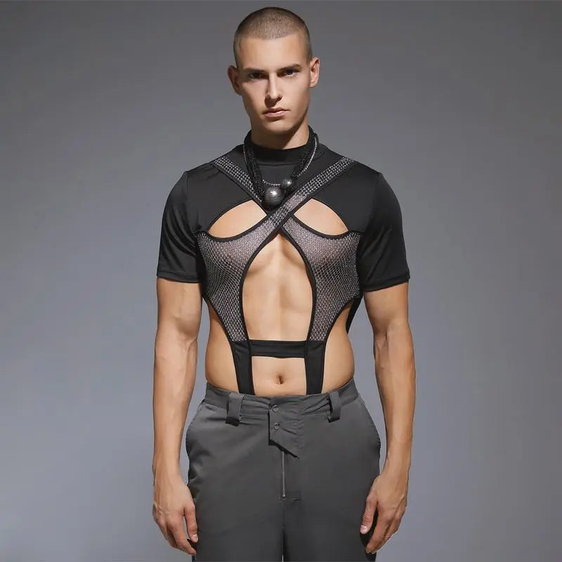 2023 Monos para hombre de malla de retazos transparentes con agujeros, monos de cuello redondo de manga corta, mono sexy de moda para hombre S-3XL INCERUN