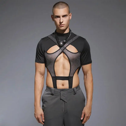 2023 Monos para hombre de malla de retazos transparentes con agujeros, monos de cuello redondo de manga corta, mono sexy de moda para hombre S-3XL INCERUN