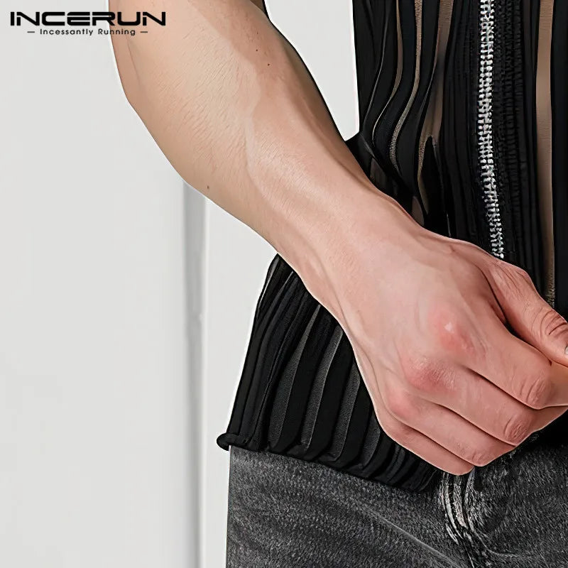 Fashion Casual Style Tops INCERUN Men's Vertical Stripe Perspective Zipper Vests Sexy Male Thin Sleeveless Tank Tops S-5XL 2024