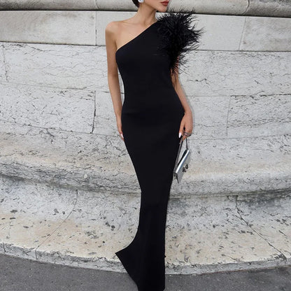 Dulzura Black Sleeveless One Shoulder Feather Maxi Dress For Women Bodycon Sexy Party Elegant Long Dress Birthday Evening Outfit