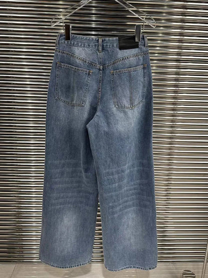 DEAT Fashion Pantalon en jean pour femme taille haute avec coutures contrastées noires et bleues, longueur au sol, jambes larges, automne 2024, nouveau 7AB763