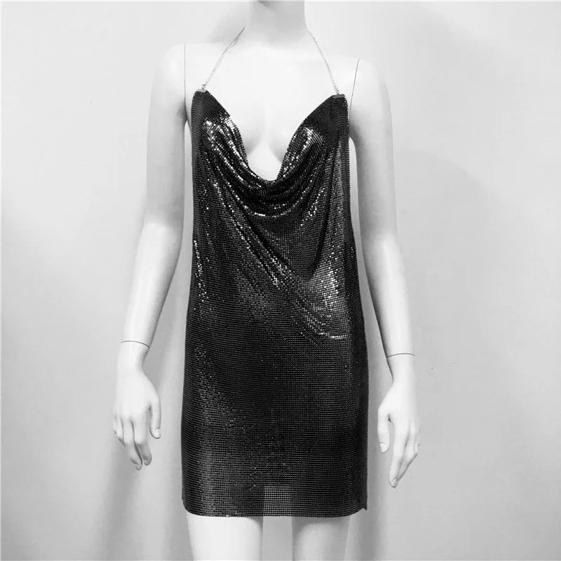 Robe d'été sexy à paillettes et chaîne transparente pour femme, dos nu, tenue de fête d'anniversaire, de boîte de nuit, robe de soirée en métal