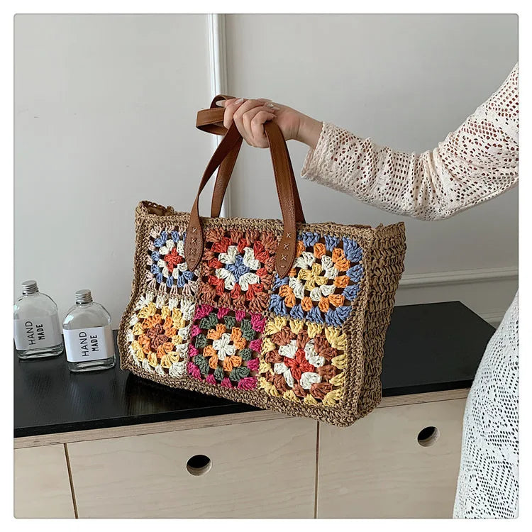 Sacs à bandoulière en paille pour femmes, style bohème, grand-mère, sacs à main décontractés en tissage, sac de plage d'été fait à la main, sac fourre-tout de grande capacité