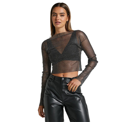 Traje de baño para mujer, camiseta de malla transparente con diamantes, top sexy de rejilla ahuecado con diamantes de imitación, top de manga larga para fiesta en la playa, pareo de bikini