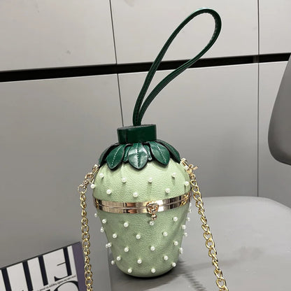 Fashion Luxury Designer Handbags Strawberry Shape Bucket Shoulder Bag For Women Rivet Leather Chain Ladies Crossbody Bag