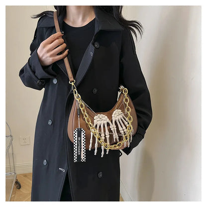 Bolso bandolera estilo punk con cadena para chica cool 3d Mano Scheletrica, bolso bandolera estilo Y2k vintage para mujer 2024