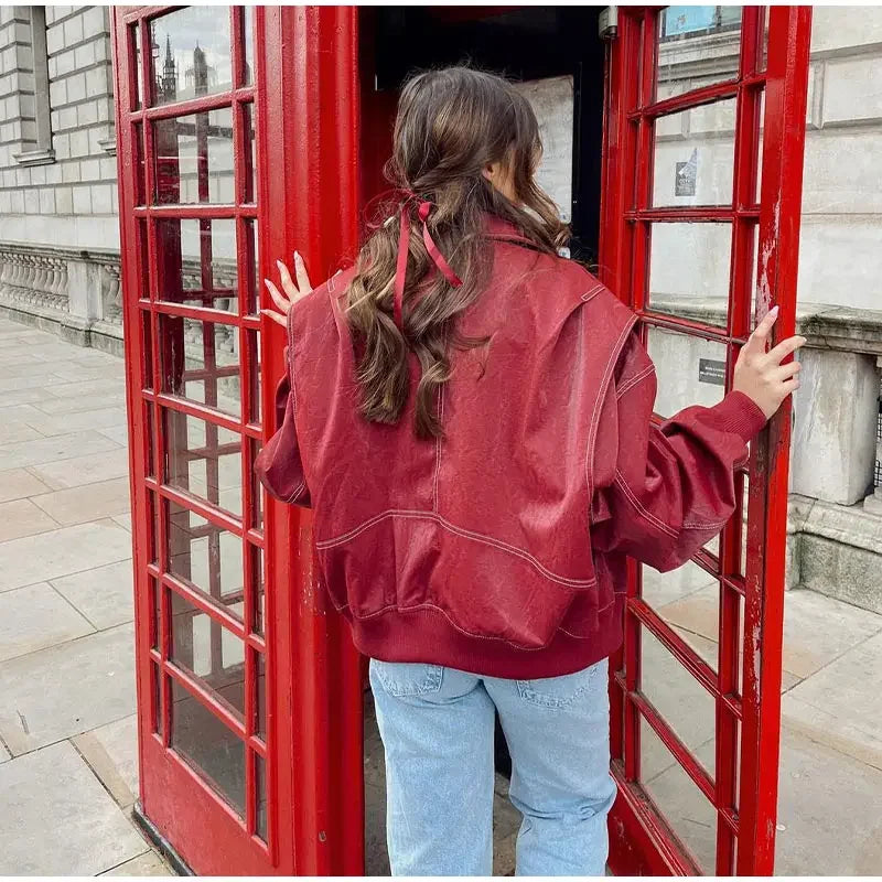 Chaquetas bomber de cuero con cremallera para mujer, abrigos casuales a rayas, elegantes, con solapa, holgadas, de manga larga, para motocicleta, otoño 2024