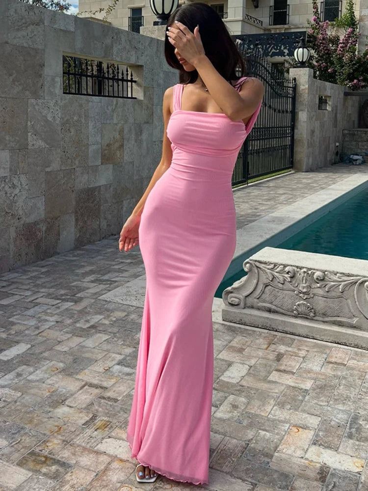 Dulzura Vestido largo rosa sin espalda con cordones para mujer, vestido ajustado sexy con tirantes finos, vestido elegante para fiesta, cumpleaños y noche