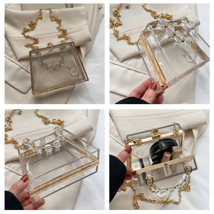 Summer Transparent Box Bag Female Small Pearl Handle Clear Shoulder Bag Chain Acrylic Dinner Bag