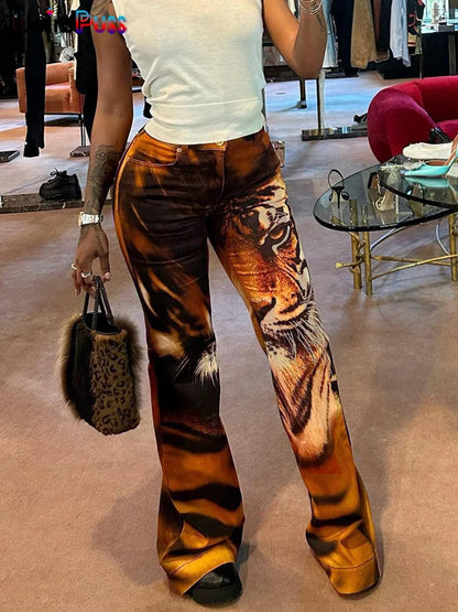 Pantalones acampanados con estampado de tigre y gato extraño para mujer, tendencia de verano Y2K 2023, pantalones casuales ajustados y elásticos, pantalones básicos de cintura alta