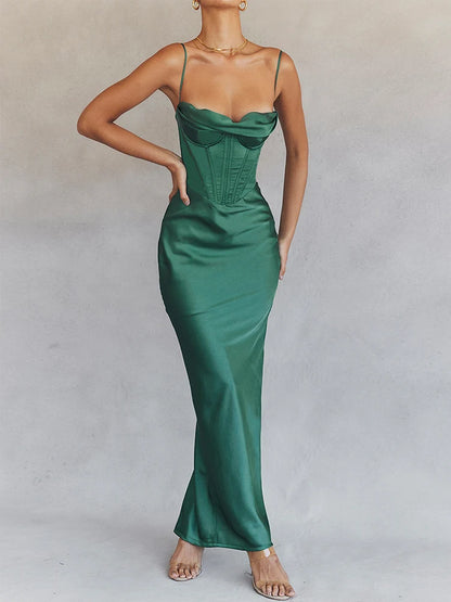 Vestido maxi verde ajustado sexy para eventos de celebridades, vestidos de fiesta de noche de graduación, vestidos de satén con cuello en V y tirantes finos para mujer, verano 2022