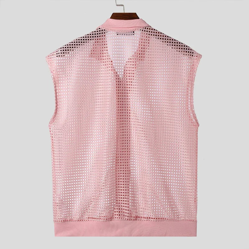 Chemise pour homme 2024, ajourée, maille transparente, solide, revers, sans manches, vêtements d'été pour hommes, streetwear, gilets décontractés, chemises INCERUN