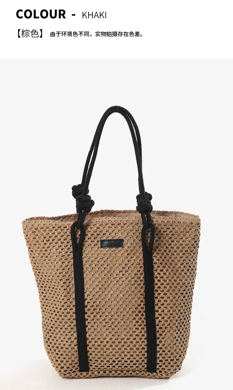 Casual Hollow Out Large Capacity Straw Tote Bag Weave Women Shoulder Bags Handmade Summer Beach Handbags Big Shopper Purses 2024