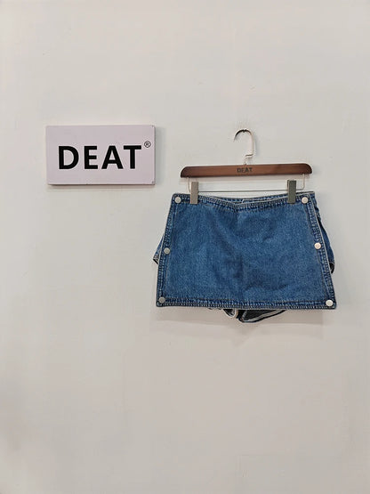 DEAT Fashion Women's Skirt Wasit Button Spliced Two Through Style Solid Color Denim Mini Skirts Female Summer 2024 New 17A9335