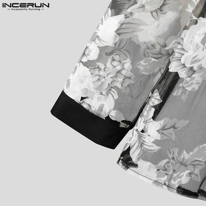 Fashion Sexy New Men Perspective Lace Print Jacquard Tie Shirts Casual Male Hot Sale Long Sleeved Blouse S-5XL INCERUN Tops 2024