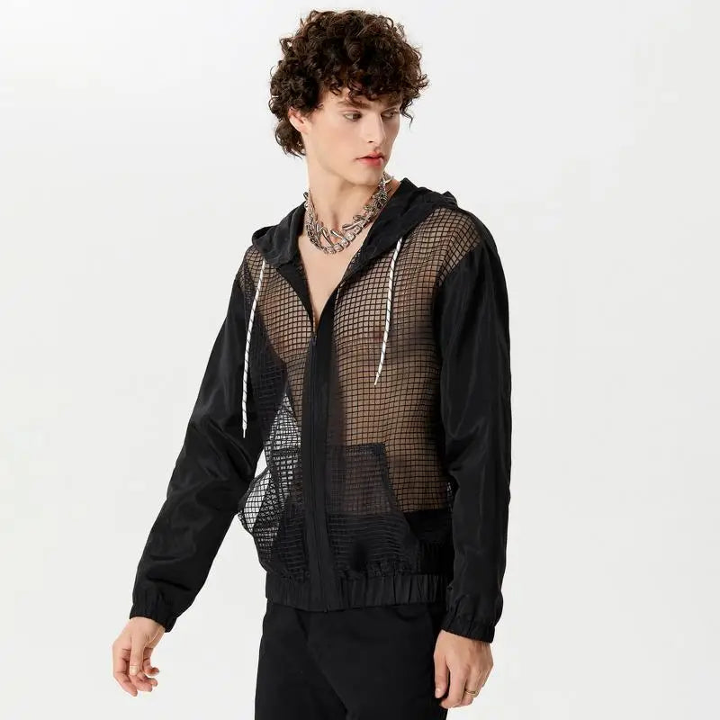 2024 Camisa de hombre de malla de retazos transparente con capucha, cuello en V, cremallera, manga larga, ropa de calle para hombre, camisas de moda sueltas INCERUN