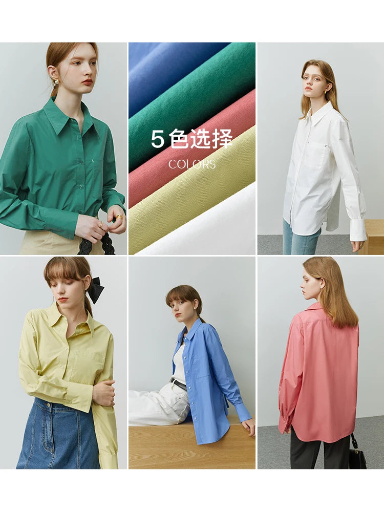 Camisas FSLE de estilo sencillo, clásicas, versátiles, de cinco colores, con mangas plegables para mujer, camisas holgadas de manga larga para oficina, camisas para mujer que combinan con todo