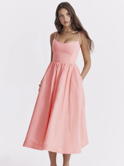 Suninheart Mujeres Elegantes Vestidos de Fiesta Largos Rosa Tirantes Espagueti Vestido de Una Línea Casual Vacaciones Vacaciones Vestido de Cumpleaños de Damas