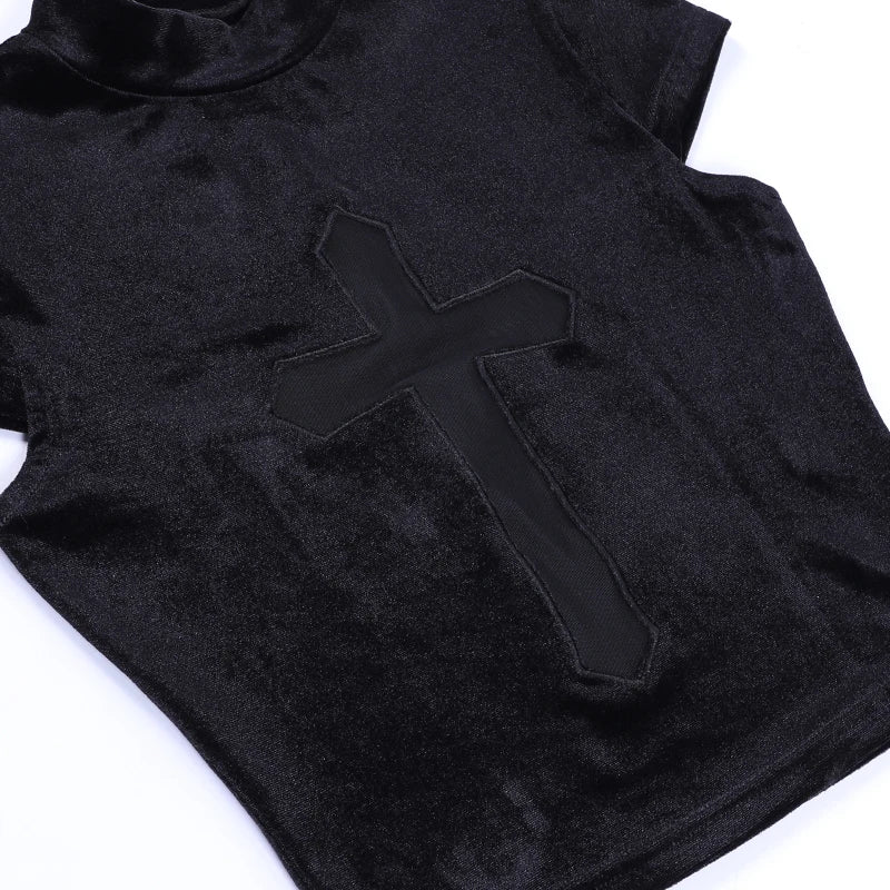 Goth Dark Cross Sheer Mall Gothic Women T-shirts Grunge Aesthetic Punk Sexy Emo Black Top Streetwear Fashion Alternative Clothes