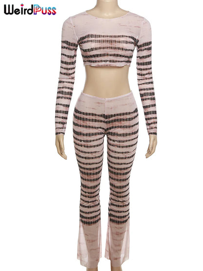 Conjunto de 2 piezas sexy de Weird Puss transparente para mujer, top corto de manga larga ajustado a rayas con cuello redondo y pantalones, ropa de club a juego