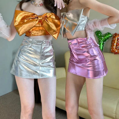 Y2k Pink Metallic Fashion Hot Girls Short Skirt Dummy pocket Slim Fit Bright High Waist Korean Fashion Halfskirt Women Clothing