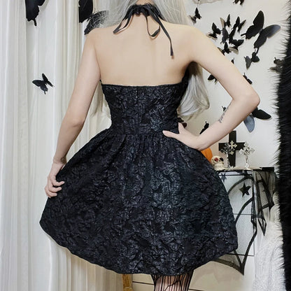 Goth Dark Mall Gothic Emo Jacquard A-line Dresses Elegant Grunge Ruched Bandage Partywear Punk Black Women Halloween Club Dress