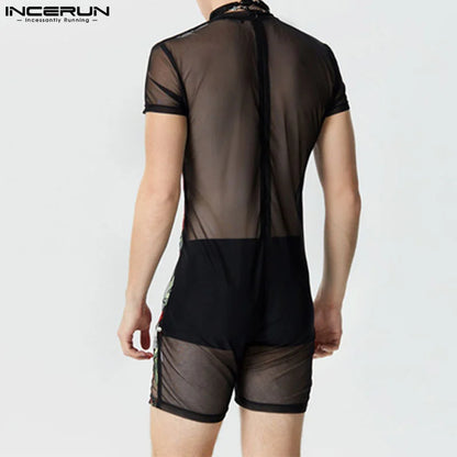 2024 Monos de hombre de malla transparente con bordado de flores, cuello redondo, manga corta, monos unisex de moda sexy, tallas S-5XL INCERUN