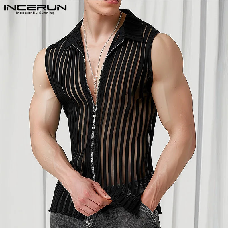 Fashion Casual Style Tops INCERUN Men's Vertical Stripe Perspective Zipper Vests Sexy Male Thin Sleeveless Tank Tops S-5XL 2024