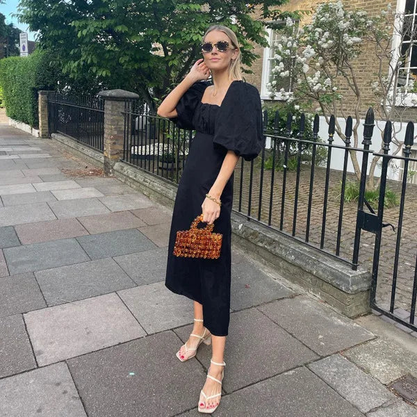 Suninheart Maxi Summer Puff Sleeve Holiday Dress Black Square Neck Party Dresses Casual A Line Women Dress 2023