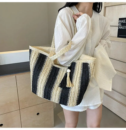 Bolso tejido de paja estilo vacaciones de verano, gran capacidad, versión coreana, tendencia occidental, bolso de hombro, bolso de mano de viaje de moda, diseñador