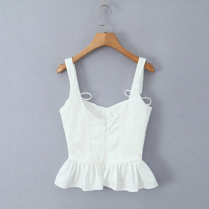 Suninheart White Casual Ruffle Hem Lace Up Strap Sling Vest Sexy Off Shoulder V-neck Backless Tops Ladies Fashion Sumemr Top