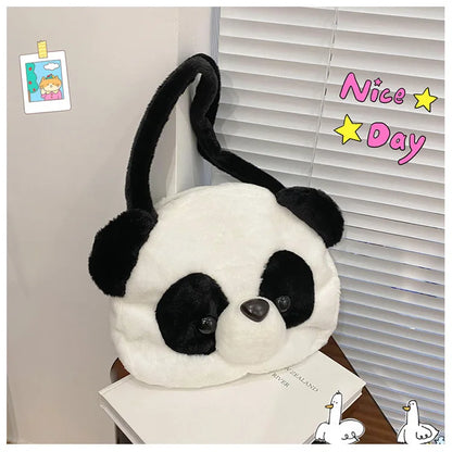 Bolsos de hombro de peluche para adolescentes, diseño kawaii, con forma de cabeza de panda, elegantes y suaves, para compras, portátiles