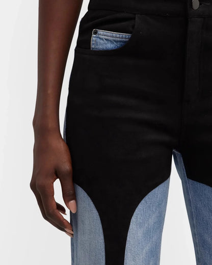 DEAT Fashion Pantalon en jean pour femme taille haute avec coutures contrastées noires et bleues, longueur au sol, jambes larges, automne 2024, nouveau 7AB763